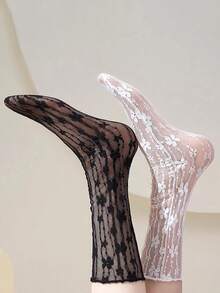 5双装女士夏季薄款黑白蕾丝花卉洛丽塔可爱长筒袜，女士内衣中筒袜，圣诞礼物