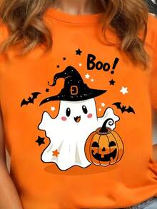 Playera camiseta gráfica dama mujer manga corta cuello redondo básica cómoda fresca ligera estampado halloween día de muertos brujas calabaza fantasma sombrero murciélago - Naranja - Ver 3