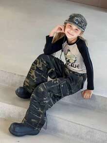 Girls' Versatile Camouflage Cargo Pants, New Outdoor Casual Sports Loose Straight Leg Trousers, Tween Girl & Teens Clothing