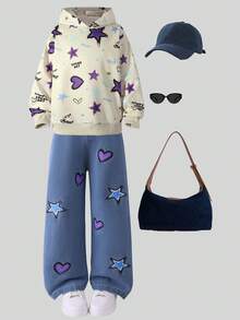 Girls Casual Loose Outdoor Apricot Heart & Star Print Hoodie Sweatshirt And Blue Heart & Star Print Jeans Set, Autumn - Khaki - View 1