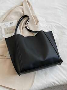 Large Capacity Solid Color Simple Tote Bag, Suitable For Shopping, Wallet, Young Women, College Students, Beginners, White-Collar. Ideal For Office, University, Work, Business, Commuting, Outdoor Activities, Travel And Picnics - Black - View 8
