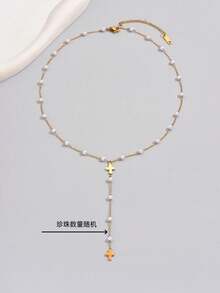 1pc 18K Gold Plated Lips Chain Y-Necklace With Cross Tassel Pendant, Casual Daily Wear & Party Gift Stainless Steel Long Necklace For Women - Black - View 6