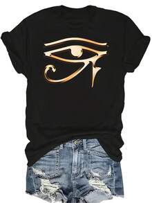 Camiseta con estampado del Ojo de Horus egipcio para mujeres y unisex, de verano, casual, transpirable, de personalidad, de cuello redondo, de manga corta, de uso versátil, adecuada para adolescentes y adultos - Negro - Ver 1