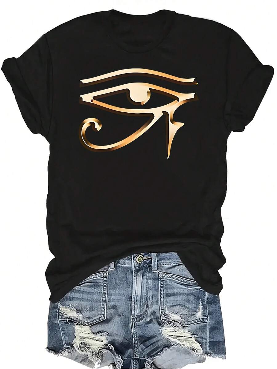 Camiseta con estampado del Ojo de Horus egipcio para mujeres y unisex, de verano, casual, transpirable, de personalidad, de cuello redondo, de manga corta, de uso versátil, adecuada para adolescentes y adultos - Negro - Ver 1
