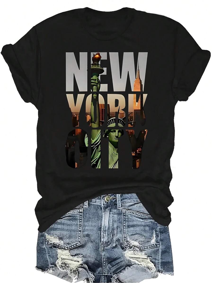 Camiseta con estampado de la Estatua de la Libertad de Nueva York para mujer y unisex, de verano, casual, transpirable, de cuello redondo, de manga corta, de uso versátil, adecuada para adolescentes y adultos - Negro - Ver 1