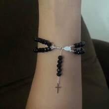 Double Plated Rosary Bracelet - Black/Silver - View 2