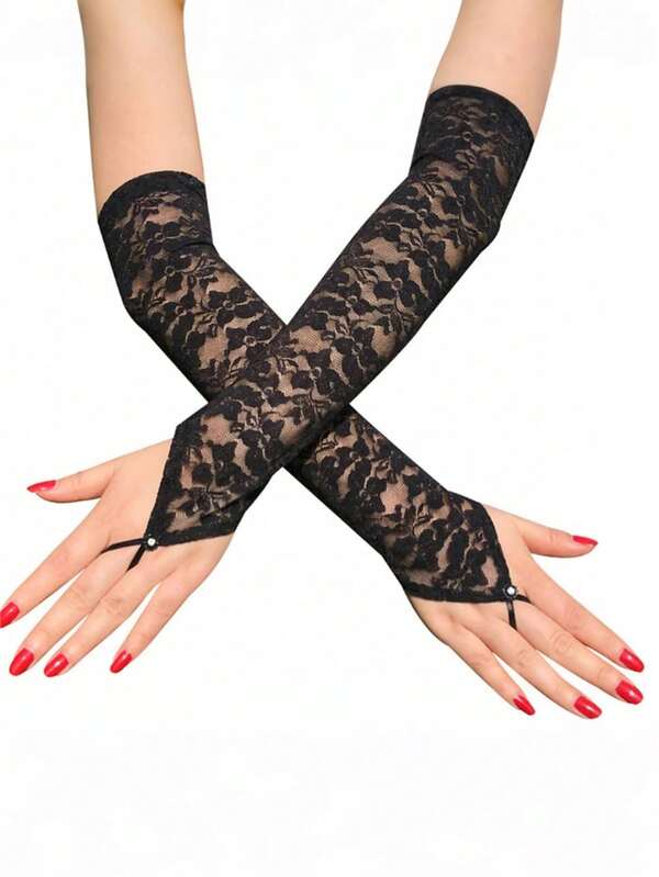 1 Pair Of Bride's Wedding Dress Accessories, Hook Finger Bright Rhinestone Lace Gloves, Long European And American Fashion Sexy Gloves - Perfect For Elegant Long Dresses Or Wedding Gowns - Glamorous Dress Up Accessories For Special Occasions Halloween Decorations Gifts Merry Christmas Valentine's Day Valentines Autumn Accessories