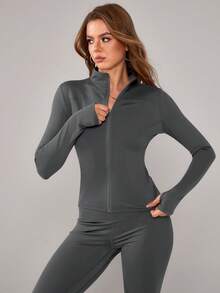 NcmRyu 1 套女士时尚休闲立领长袖上衣和长裤健身套装 - 灰色 - 查看 10