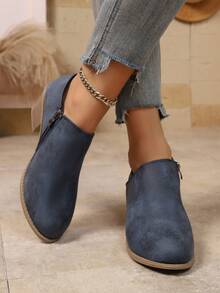 Bottes de cheville décontractées à talon épais avec fermeture éclair latérale pour femmes, bottes Chelsea à talon épais, bottes de moto, bottes d'équitation, bottes d'hiver, bottes pour femmes, chaussures d'hiver, talons hauts noirs, bottes pour femmes - Bleu azur - Voir 3