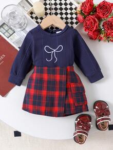 2 piezas Conjunto de niña elegante para la escuela con blusa de manga larga negra + falda a cuadros rojos y negros, ligero para primavera y otoño