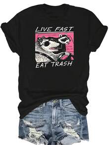 Camiseta "Live Fast Eat Trash" para mujer y unisex, de verano, casual, transpirable, con personalidad, cuello redondo, manga corta, ropa de calle, versátil, adecuada para adolescentes y adultos - Negro - Ver 1