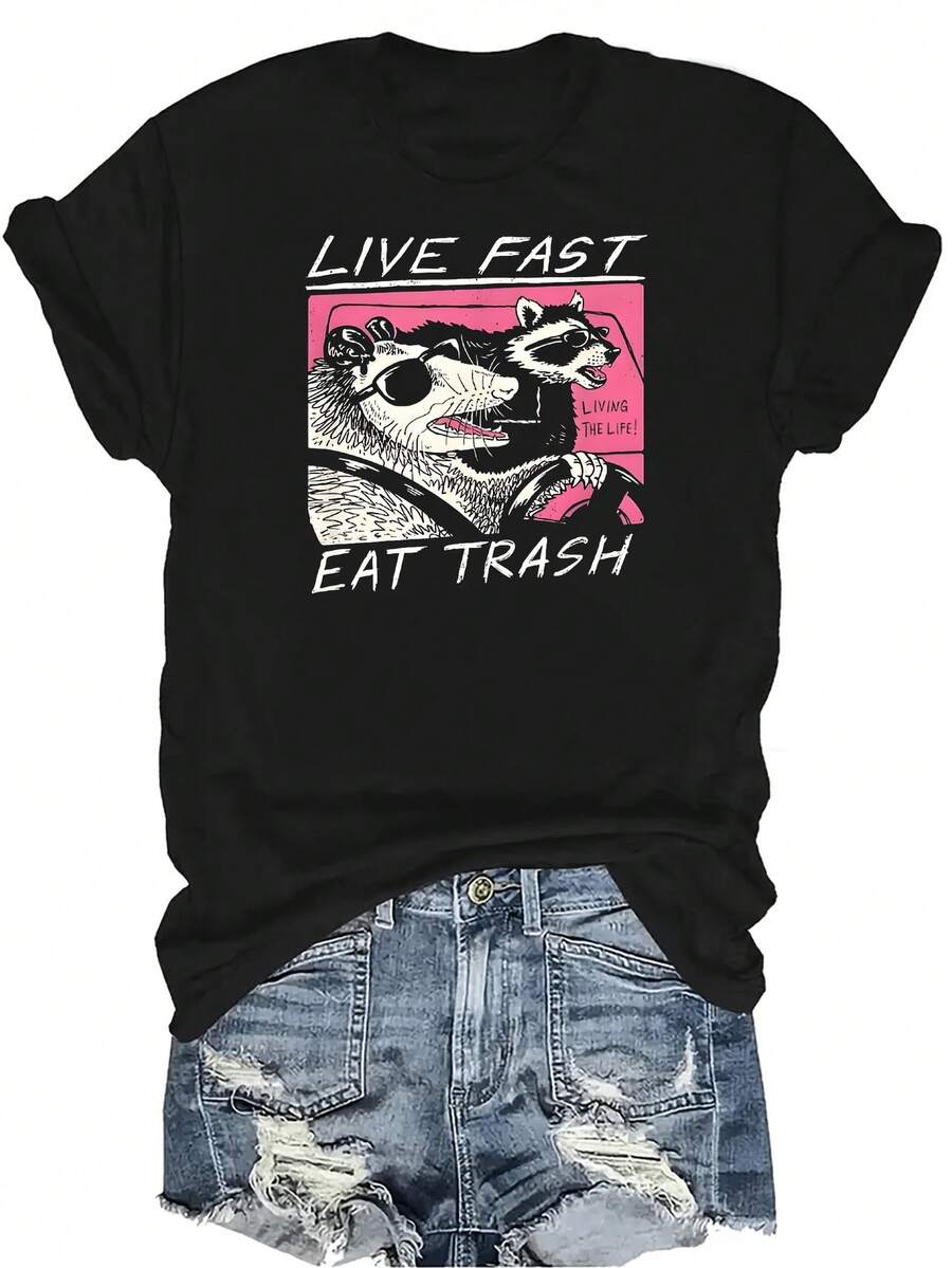 Camiseta "Live Fast Eat Trash" para mujer y unisex, de verano, casual, transpirable, con personalidad, cuello redondo, manga corta, ropa de calle, versátil, adecuada para adolescentes y adultos - Negro - Ver 1