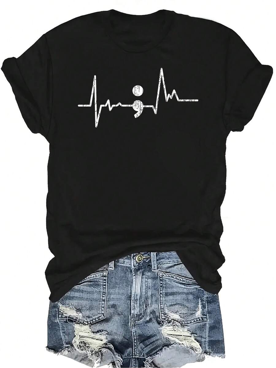 Camiseta de concienciación sobre la prevención del suicidio con diseño de latido de corazón y punto y coma, para mujer y unisex, de verano, casual, transpirable, de cuello redondo, de manga corta, de estilo urbano y versátil, adecuada para adolescentes y adultos - Negro - Ver 1