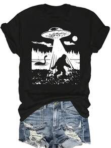 Camiseta con patrones interesantes para mujer y unisex, de verano, casual, transpirable, con cuello redondo, manga corta, estilo urbano y versátil, adecuada para adolescentes y adultos - Negro - Ver 1