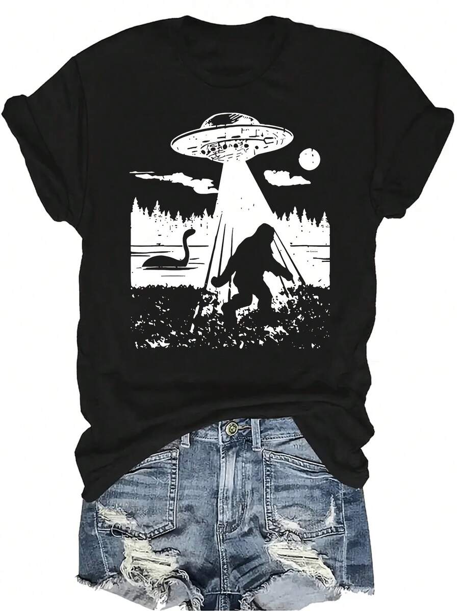 Camiseta con patrones interesantes para mujer y unisex, de verano, casual, transpirable, con cuello redondo, manga corta, estilo urbano y versátil, adecuada para adolescentes y adultos - Negro - Ver 1