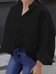 女士法式纯色长袖商务面试通勤休闲宽松简约气质优雅春夏秋季衬衫 - 黑色 - 查看 6