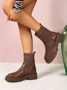 2026秋冬新款女鞋，时尚百搭休闲女鞋，女士踝靴，时尚女靴，切尔西踝靴，弹力女靴，女鞋 - 卡其色 - 查看 4