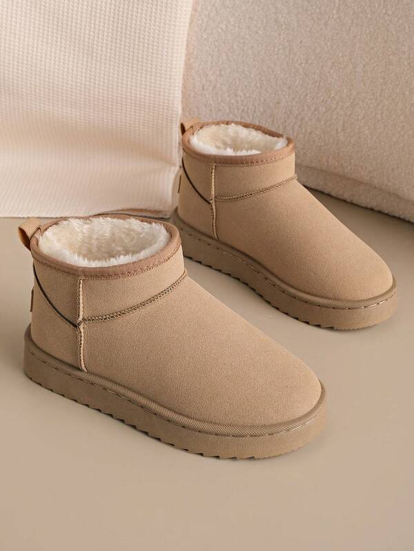 1 Pair Khaki Snow Boots For Girl & Teens, Faux Fur Lined, Academy Style, Short Plush Boots, Comfortable Warm Fur Lining, Suitable For Indoor & Outdoor, Fashionable Winter Snow Boots