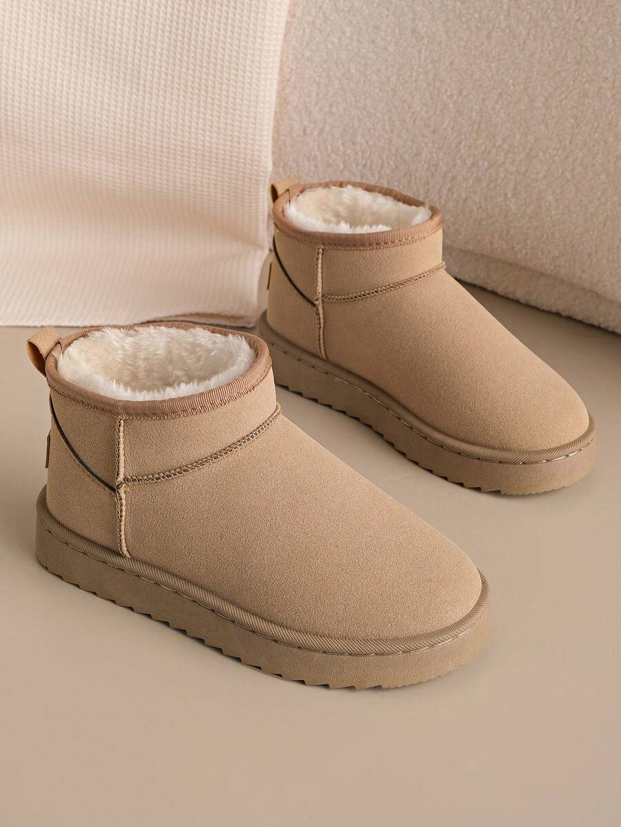 زوج من بوت الثلج الخاكي للبنات والمراهقات، مبطنة بفرو صناعي، بطراز أكاديمي، بوت قصيرة مبطنة بفرو ناعم، مريحة ودافئة، مناسبة للاستخدام الداخلي والخارجي، بوت ثلج شتوية عصرية