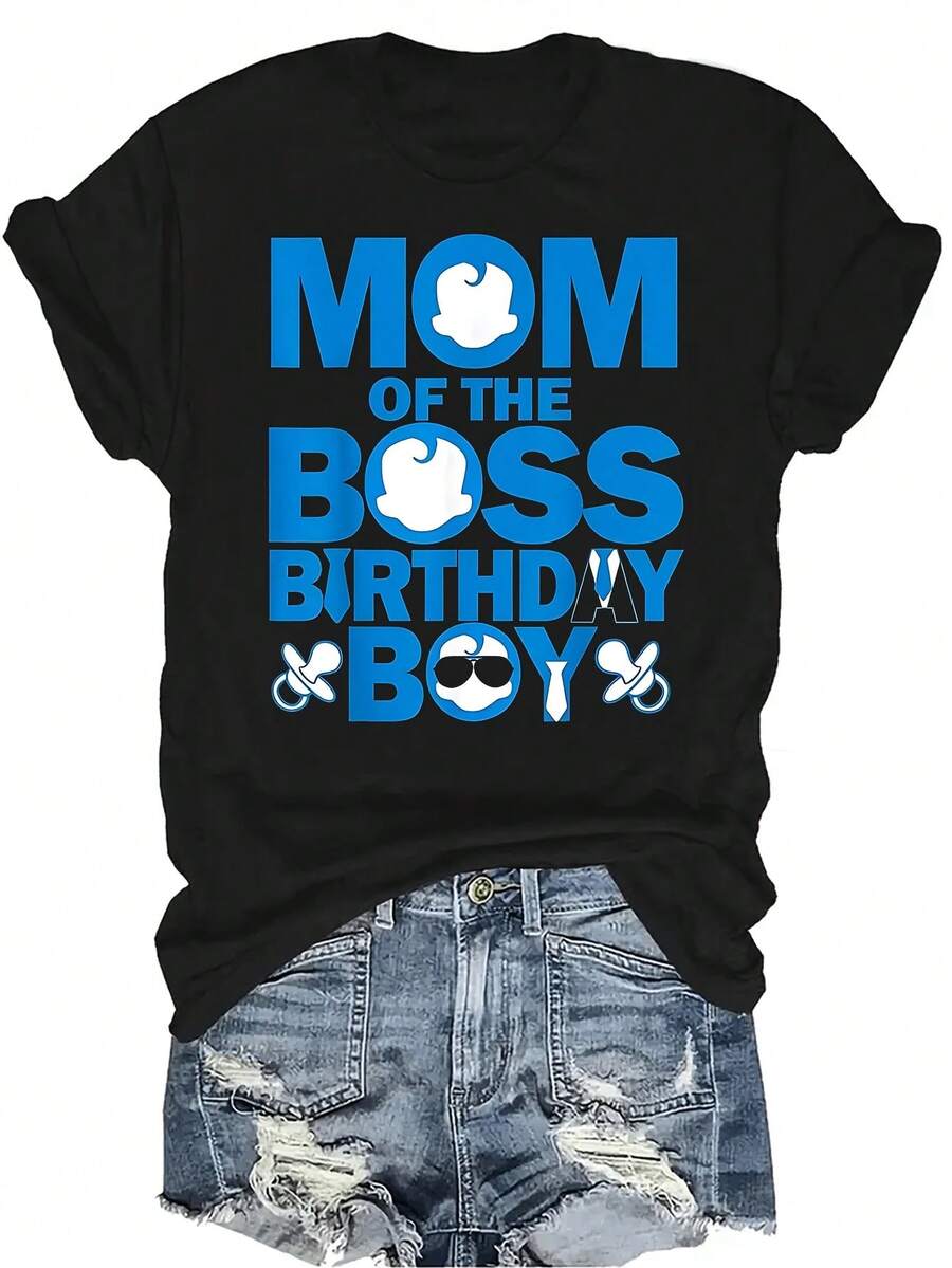 Camiseta de mujer y hombre unisex para fiesta de cumpleaños de bebé, familia y jefes, de verano, casual, transpirable, de personalidad, de cuello redondo, de manga corta, de uso versátil, adecuada para adolescentes y adultos - Negro - Ver 1