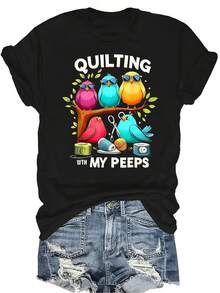 Camiseta "Quilting With My Pe-Eps" para mujer y unisex, de verano, casual, transpirable, con personalidad, cuello redondo, manga corta, ropa de calle, versátil, adecuada para adolescentes y adultos - Negro - Ver 1