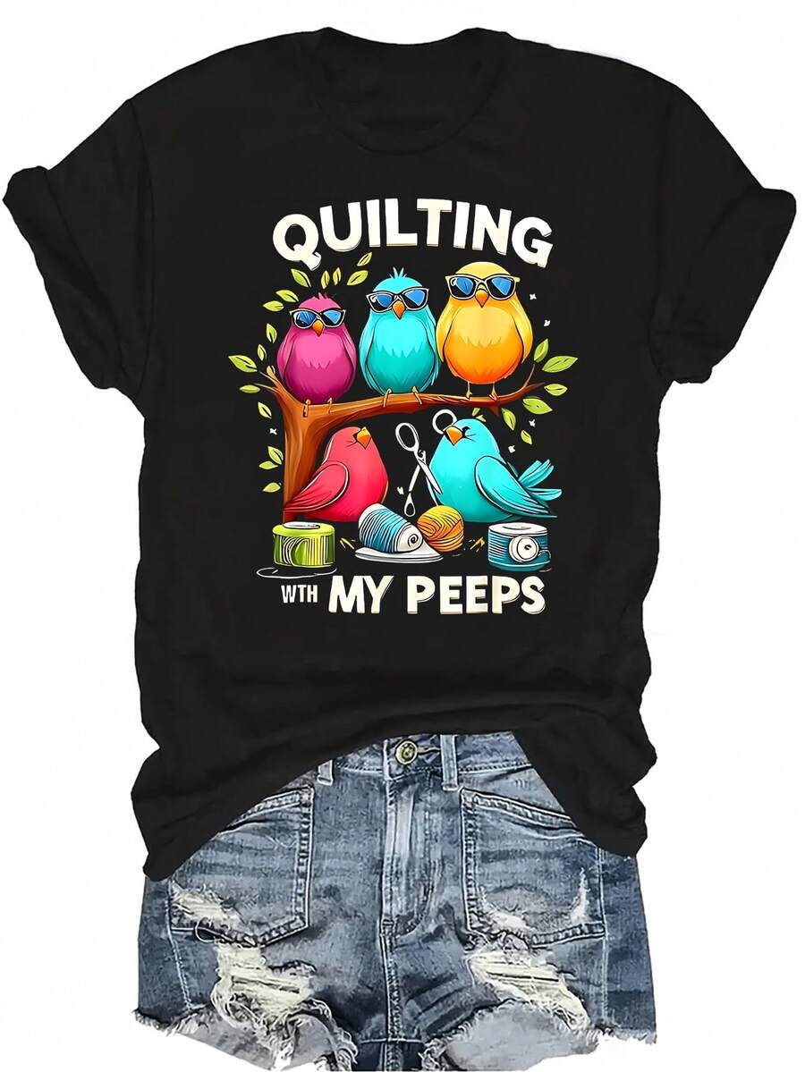 Camiseta "Quilting With My Pe-Eps" para mujer y unisex, de verano, casual, transpirable, con personalidad, cuello redondo, manga corta, ropa de calle, versátil, adecuada para adolescentes y adultos - Negro - Ver 1