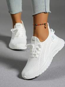 2025 Autumn New Women's Breathable Mesh Thick-Soled Casual Shoes, Unique Atmosphere Style, Lace-Up Design, Color Splicing, Outdoor Shoes, Comfortable And Breathable, Low-Top Design, Increased Version Campus Fashion, Versatile Style Female College Style Women's Thick-Soled Sports Shoes, A Must-Have For Women's Autumn Wear, And Also Very Suitable For Halloween Wear. - 白色 - 查看 3