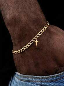 1pc Minimalist Cross Pendant Stainless Steel Chain Bracelet, For Men Daily Wear & Gift