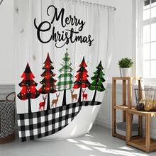 1 pieza/4 piezas Juego de cortina de ducha multifuncional con árbol de Navidad feliz y renos, incluye 12 ganchos gratis, crea un ambiente festivo, alfombra de baño, alfombra en forma de U y alfombra redonda para el inodoro, adecuado para todas las escenas navideñas del baño