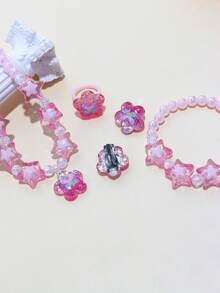 5pcs/10pcs Girls Pink Charm Beaded Butterfly, Pentagram, Flower Bracelet, Necklace, Ring, Earrings Jewelry Set, Suitable For BFFs, Little Sisters, Daily, Party, Birthday Gift - Multicolor - View 6