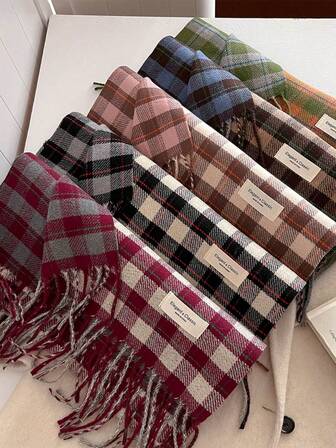 1 pezzo Sciarpa unisex a quadri in finta lana spessa e calda, versatile stile college con nappe, adatta per autunno/inverno