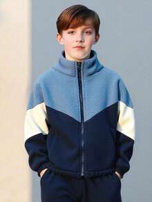 2pcs/Set Tween Boy Thick Long Sleeve Jacket And Pants Set, Color Block Design, Stand Collar Zipper Jacket, Casual And Comfortable Outdoor Outfit, Autumn/Winter