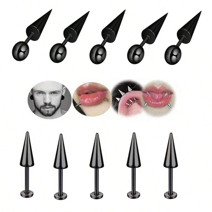 10pcs Stainless Steel Punk Style Spike Lip Studs, 16G Earrings - Black - View 1