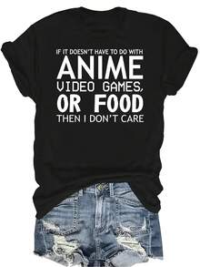 Si no es una camiseta de anime o una mezcla de comida, es una camiseta de mujer y unisex de verano, casual, transpirable, con personalidad, de cuello redondo, de manga corta, de ropa urbana, versátil, adecuada para adolescentes y adultos - Negro - Ver 1