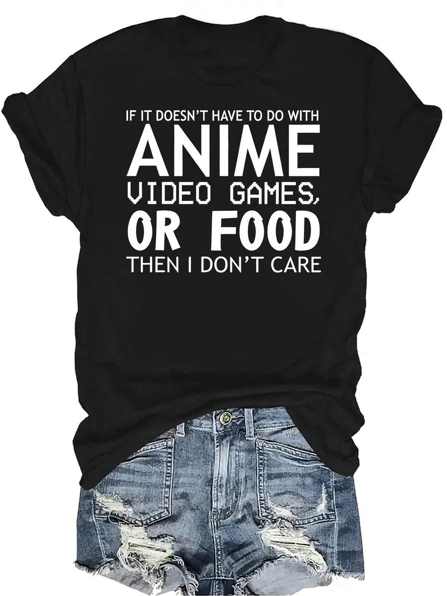 Si no es una camiseta de anime o una mezcla de comida, es una camiseta de mujer y unisex de verano, casual, transpirable, con personalidad, de cuello redondo, de manga corta, de ropa urbana, versátil, adecuada para adolescentes y adultos - Negro - Ver 1