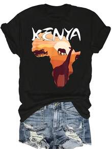 Camiseta con estampado de elefante y jirafa de Kenia, para mujer y unisex, de verano, casual, transpirable, de cuello redondo, de manga corta, de uso versátil, adecuada para adolescentes y adultos - Negro - Ver 1