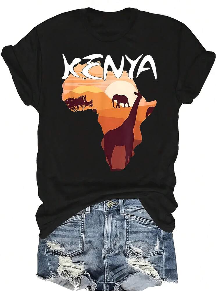 Camiseta con estampado de elefante y jirafa de Kenia, para mujer y unisex, de verano, casual, transpirable, de cuello redondo, de manga corta, de uso versátil, adecuada para adolescentes y adultos - Negro - Añade 1