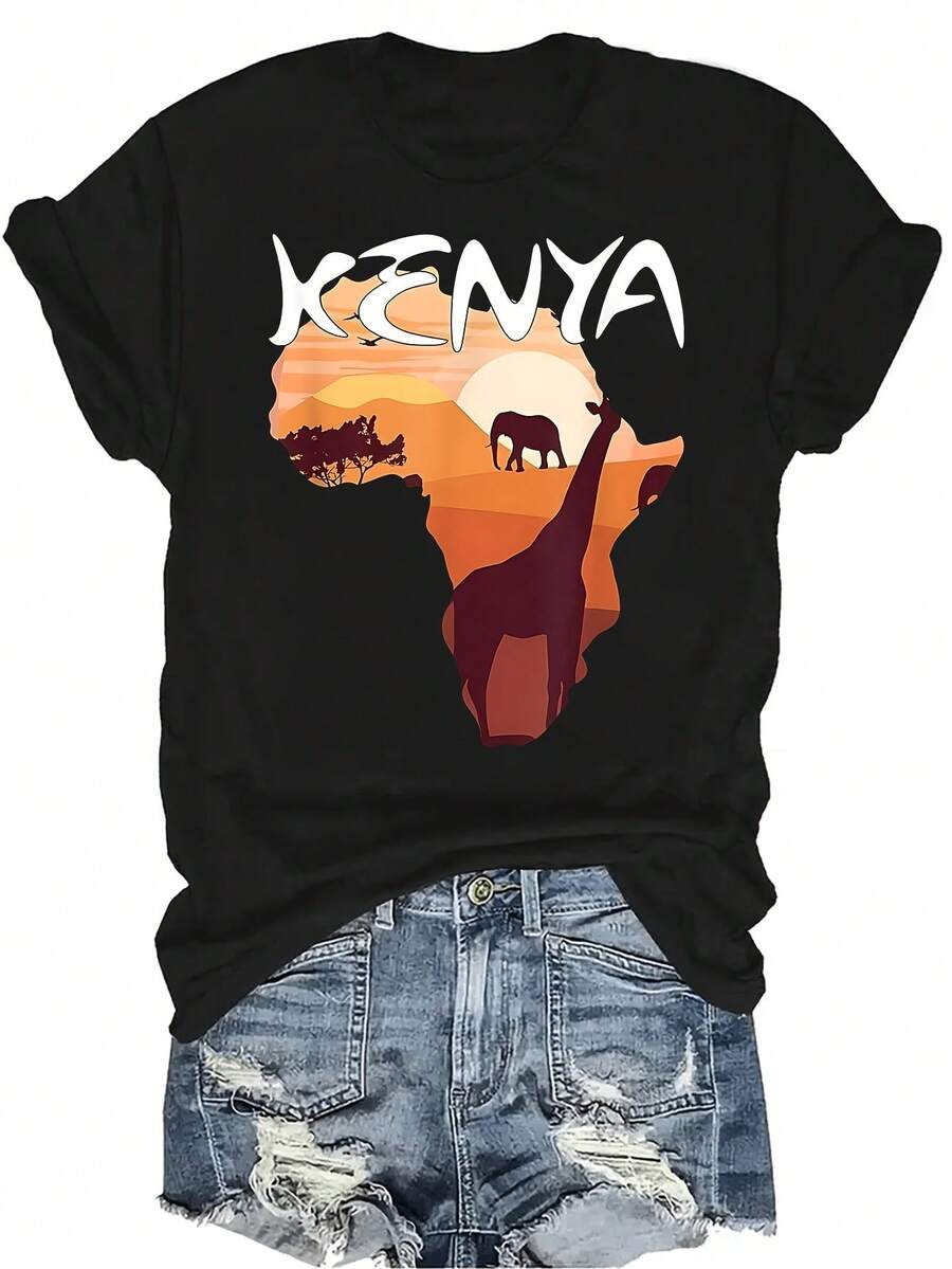 Camiseta con estampado de elefante y jirafa de Kenia, para mujer y unisex, de verano, casual, transpirable, de cuello redondo, de manga corta, de uso versátil, adecuada para adolescentes y adultos - Negro - Ver 1