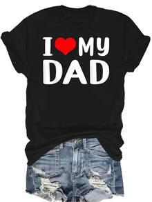Camiseta "I Heart Love My Dad Daddy" para mujer y unisex, de verano, casual, transpirable, con personalidad, cuello redondo, manga corta, ropa de calle, versátil, adecuada para adolescentes y adultos - Negro - Ver 1