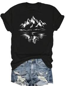 Camiseta con ilustración de montañas estilizadas para mujer y unisex, de verano, casual, transpirable, con personalidad, cuello redondo, manga corta, ropa de calle, versátil, adecuada para adolescentes y adultos - Negro - Ver 1