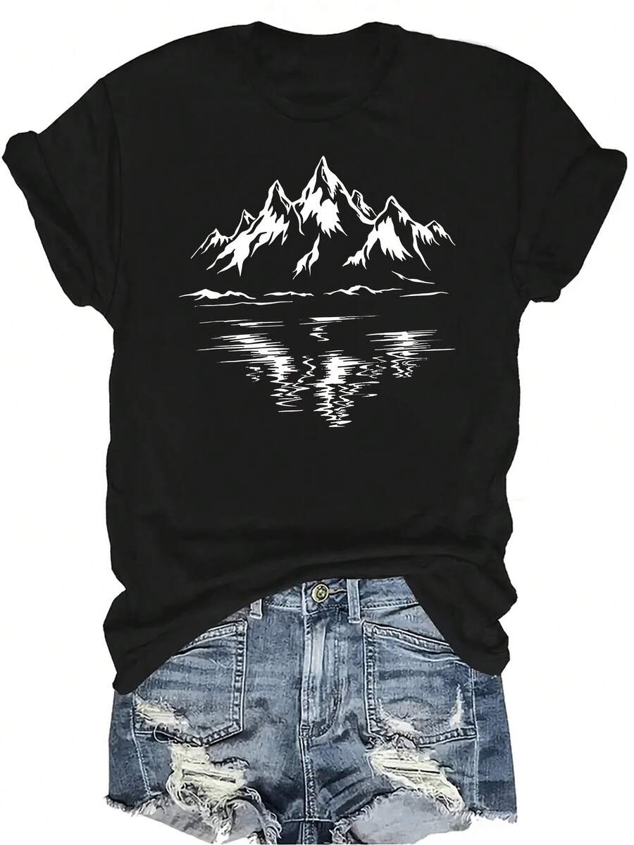 Camiseta con ilustración de montañas estilizadas para mujer y unisex, de verano, casual, transpirable, con personalidad, cuello redondo, manga corta, ropa de calle, versátil, adecuada para adolescentes y adultos - Negro - Ver 1