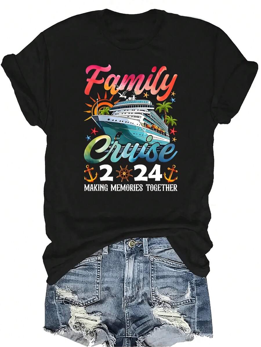 Camiseta con patrones interesantes para mujer y unisex, de verano, casual, transpirable, con cuello redondo, manga corta, estilo urbano y versátil, adecuada para adolescentes y adultos - Negro - Ver 1