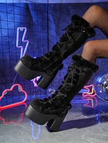 系带毛绒内衬粗跟高筒靴，中筒靴，经典靴，秋季，哥特风厚底冬靴，派对靴