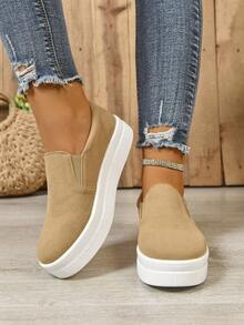 Mocasines planos color caqui para mujer, de unicolor, punta redonda, minimalistas, ligeros, de slip-on, zapatos de plataforma de moda, versátiles para todas las estaciones