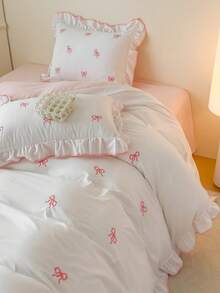 3pcs Ruffles Embroidery Bow Duvet Cover Set King Size Soft Fabric Bedding Comforter Cover Set With Zipper Ties For Girls Bedroom ,Room Decor , Breathable, Easy Care