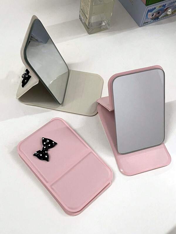 1pc Portable Black Spotted Bow Makeup Mirrors, Foldable Travel Mirrors, Suitable As Gifts, Travel Essentials, Cosmetics, Easy To Store Birthday Gifts, Graduation Home Decoration, Back To School Room Decoration, School Supplies | Mirrors, Travel Essentials, Mini Mirrors, Makeup Bag Essentials, Compact Mirrors, Small Mirrors