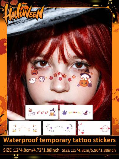 5 件万圣节纹身假纹身临时纹身南瓜鬼卡通可爱彩色防水防汗一次性适用于儿童面部、手臂、腰部、胸部、腿部、腹部、颈部、手部、手指、背部适用于舞会舞台表演现代主义人体艺术