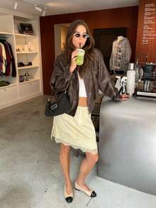 Women's Lace Edge Satin Silk Mini Skirts Elestic High Waist Short Skirt Fall Casual Going Out Clothes - 黃色 - 查看 2