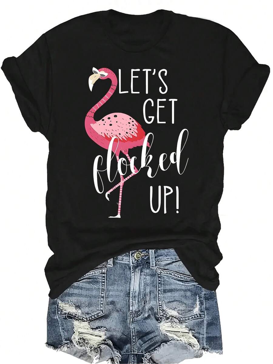 Camiseta de flamenco de verano para mujer y unisex, de estilo casual y transpirable, con cuello redondo y manga corta, versátil y adecuada para adolescentes y adultos - Negro - Ver 1