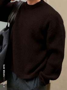 轻盈休闲针织毛衣，简约设计，宽松圆领套头衫，男女皆宜，适合秋冬季穿着。 - 棕色 - 查看 2